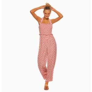 Candie's Smocked Sleeveless Polka Dot Halter Tie Jumpsuit Large Pink White New